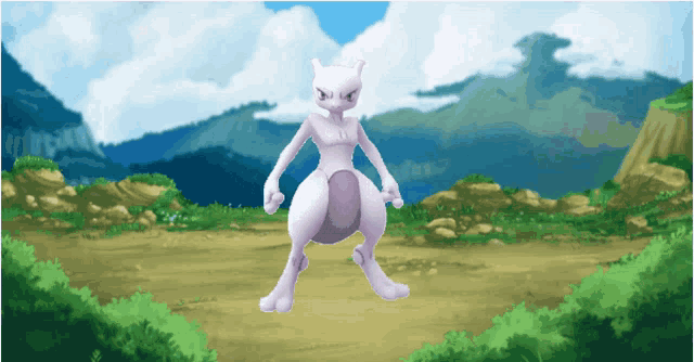 a pixel art of a white pokemon standing in a field with mountains in the background
