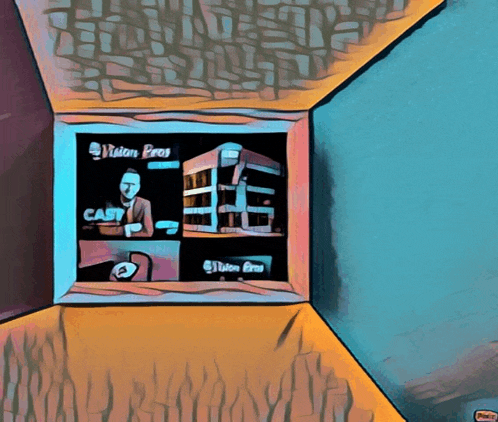 a cartoon drawing of a man and a building with the words vision pros cast