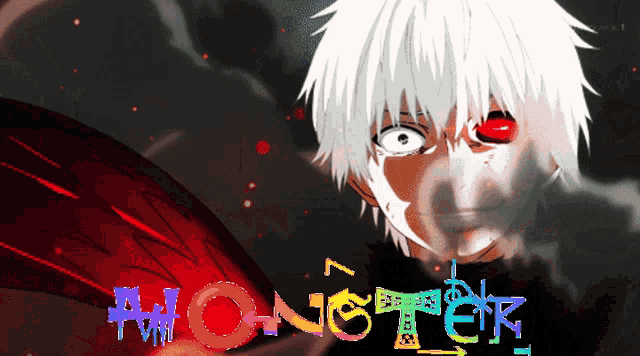 a cartoon character with a red eye and the word monster behind him