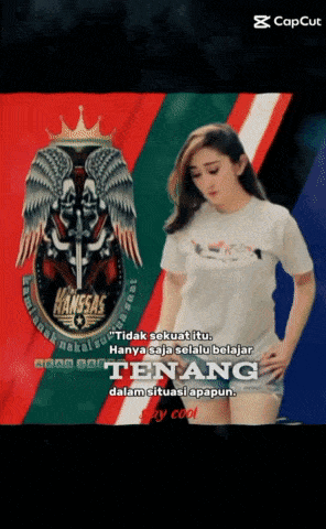 a woman in a white shirt stands in front of a flag that says hanssas