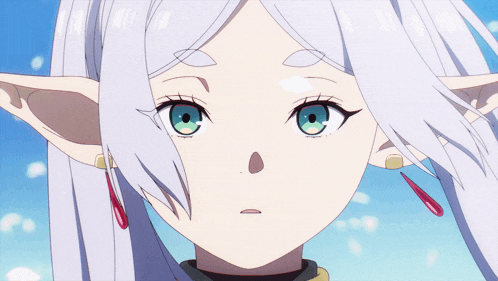 a close up of a anime character with white hair and green eyes