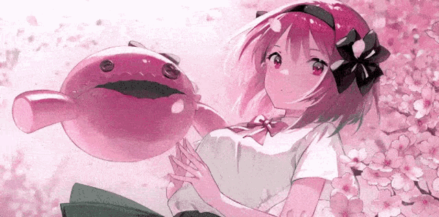 a girl with pink hair is holding a pink object with a face on it
