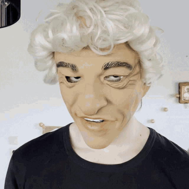 a man wearing a mask with a white wig