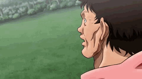 a close up of a man 's face in a cartoon looking at a field .