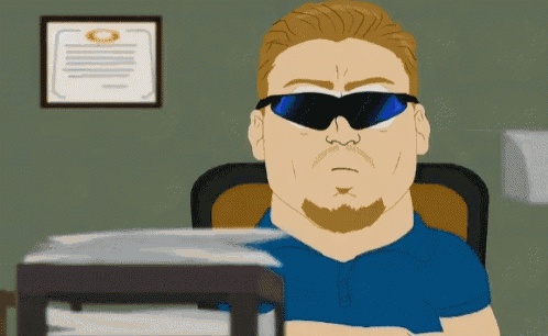 a cartoon man wearing sunglasses is sitting in front of a framed certificate
