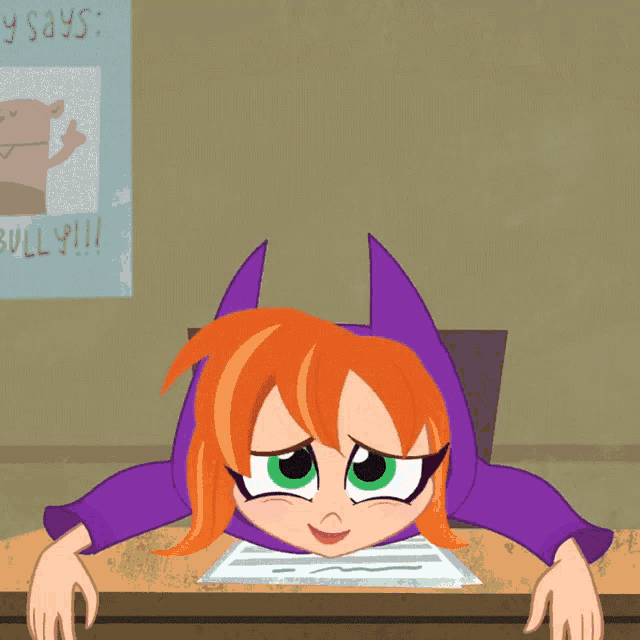 a cartoon character is sitting at a desk in front of a poster that says bully !!!