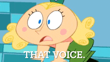 a cartoon character says that voice in front of her face
