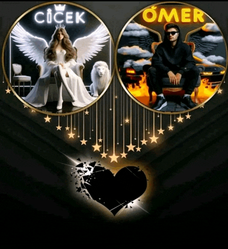 a picture of a woman with wings and a man with the name omer on the bottom