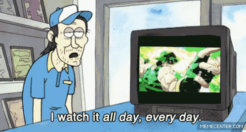 a cartoon of a man standing in front of a television that says i watch it all day every day