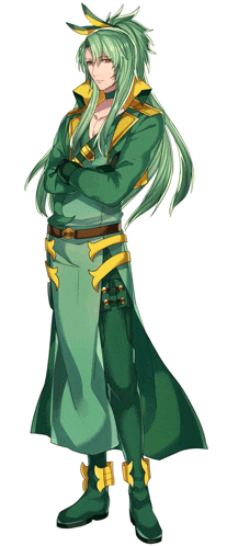 a man with long green hair is wearing a green and gold outfit