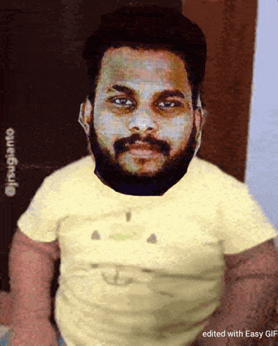 a man with a beard wearing a yellow t-shirt has his face edited with easy gif