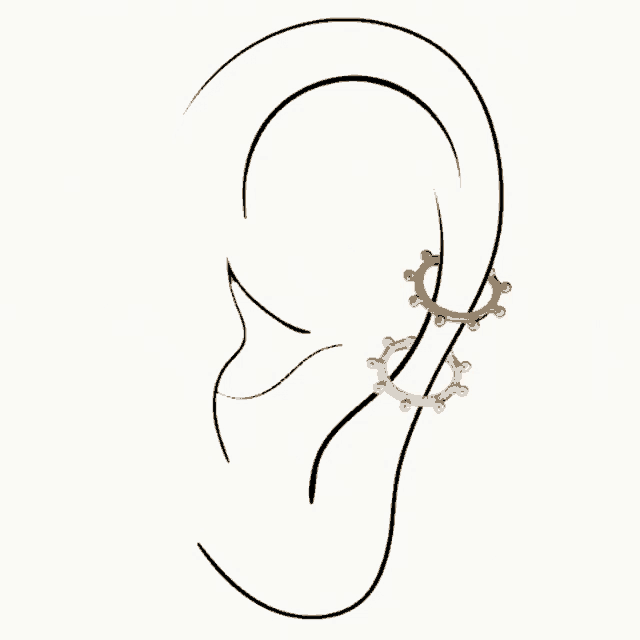 a black and white drawing of a woman 's ear with earrings on it .