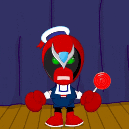 a cartoon character is holding a red lollipop in his hand