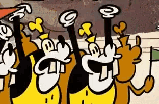 a group of cartoon characters are standing next to each other holding their arms up in the air .