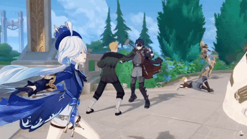 a girl in a blue dress is standing in front of a group of people in a video game