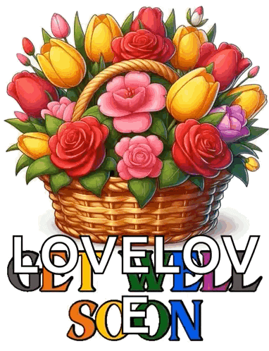 a wicker basket filled with colorful flowers with the words lovelov soon below it