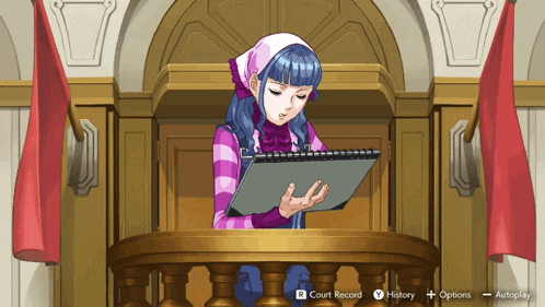a woman sitting on a balcony in a video game with the buttons for court record history and options