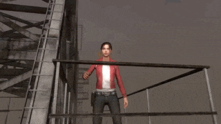 a woman in a red jacket stands on a balcony