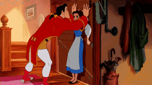 a cartoon of a man kissing a woman in a doorway