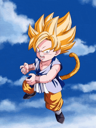 a cartoon drawing of a young goku with a tail