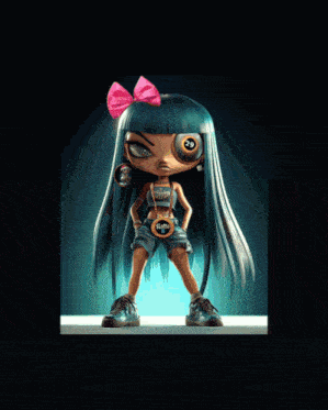 a cartoon girl with long blue hair and a pink bow has a belt that says lotto on it