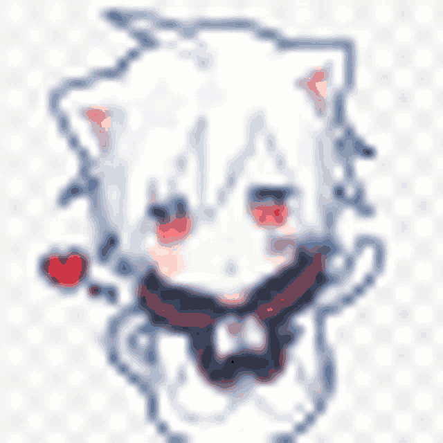 a pixel art drawing of a cat boy with white hair and red eyes holding a red heart .
