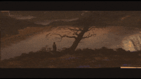 a painting of a tree with a person walking in the background