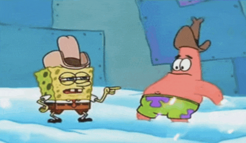 a cartoon of spongebob and patrick pointing