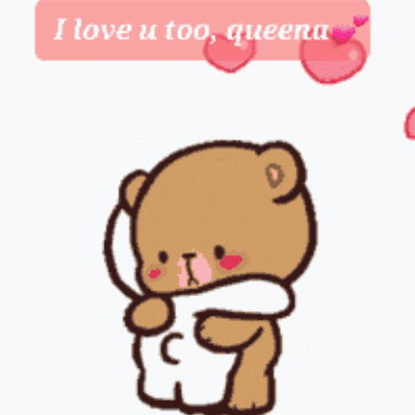 a cartoon of two teddy bears hugging with the words i love u too queena above