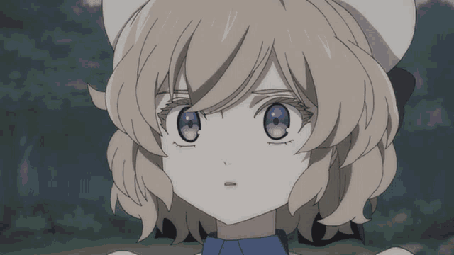 a girl with purple eyes and a white hat