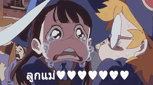 a girl is crying in a cartoon with hearts around her