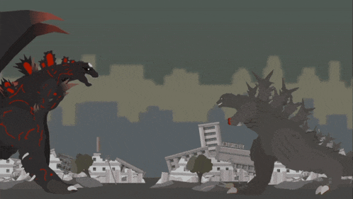 a cartoon of two monsters fighting each other with a city in the background
