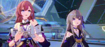 two anime girls standing next to each other in front of a building .