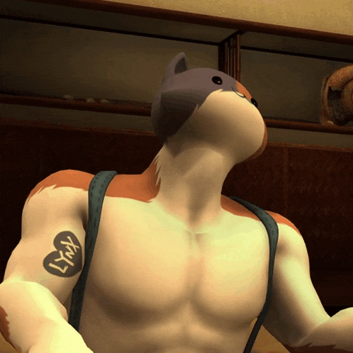 a cartoon character has a tattoo on his arm that says lyx