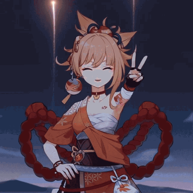 a girl with a sword in her hand stands in front of an orange sky