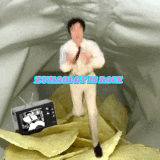 a man in a suit and tie is surrounded by potato chips and a tv with the words zuhaology is back written on it