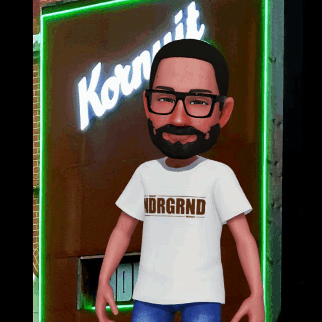 a cartoon character with a beard and glasses wearing a korn it shirt