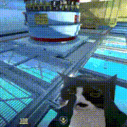 a person is holding a gun in a video game with a skull and crossbones on their glove