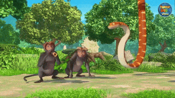 a cartoon scene with monkeys and a snake with the letter r in the foreground
