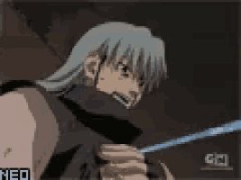a man with gray hair is holding a sword in his hand .