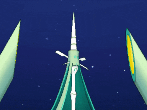 a video game screen shows a very tall building with a blue sky in the background
