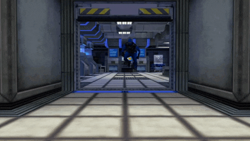 a computer generated image of a futuristic room with a robot walking through a doorway