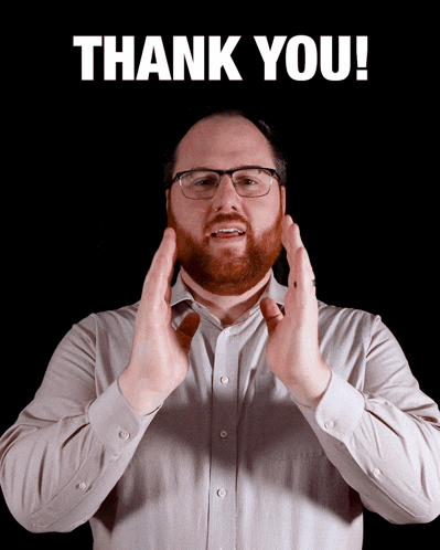 a man with glasses and a beard is clapping in front of a black background that says thank you