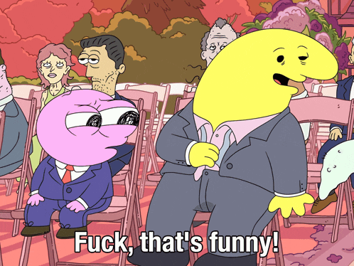a cartoon character says " fuck that 's funny " in a crowd of people