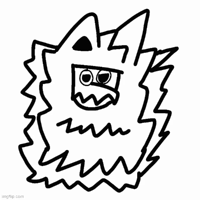 a black and white drawing of a cartoon character with a shocked expression on its face .