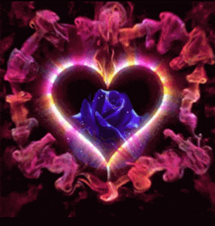 a glowing heart with a blue rose in the middle