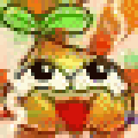 a pixel art of a cartoon character with a green leaf on his head and a red swimsuit .