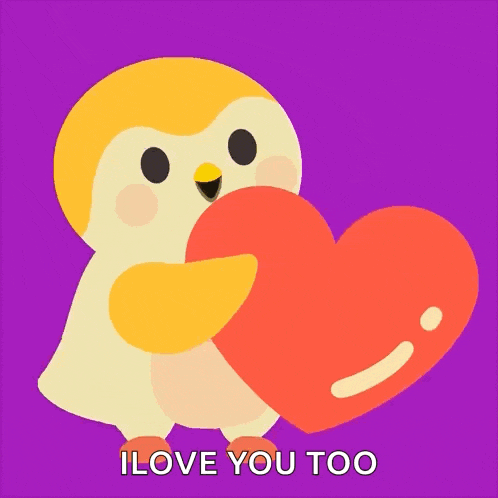 a penguin holding a heart with the words i love you too written below it