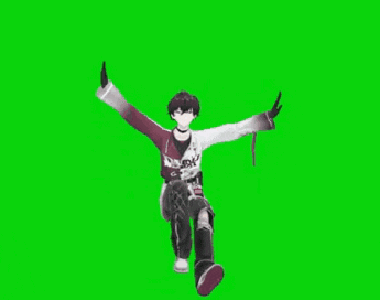 a 3d anime character is standing on a green screen .