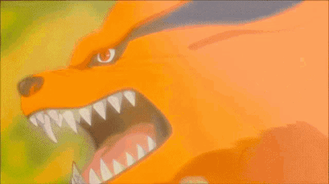 a cartoon of a man standing next to a large orange monster with sharp teeth .